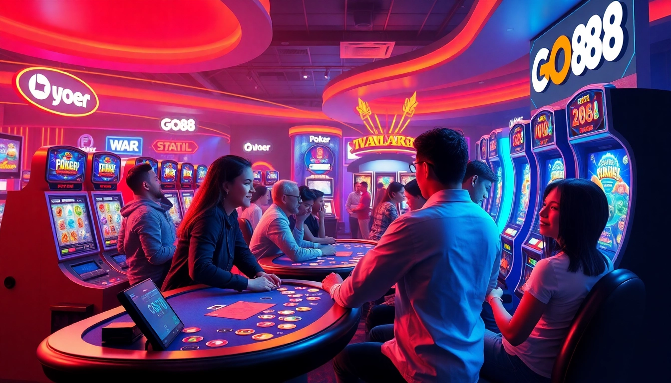 Exciting gaming scene from dittytalk.com showcasing GO88's diverse games with vibrant graphics and engaged players.