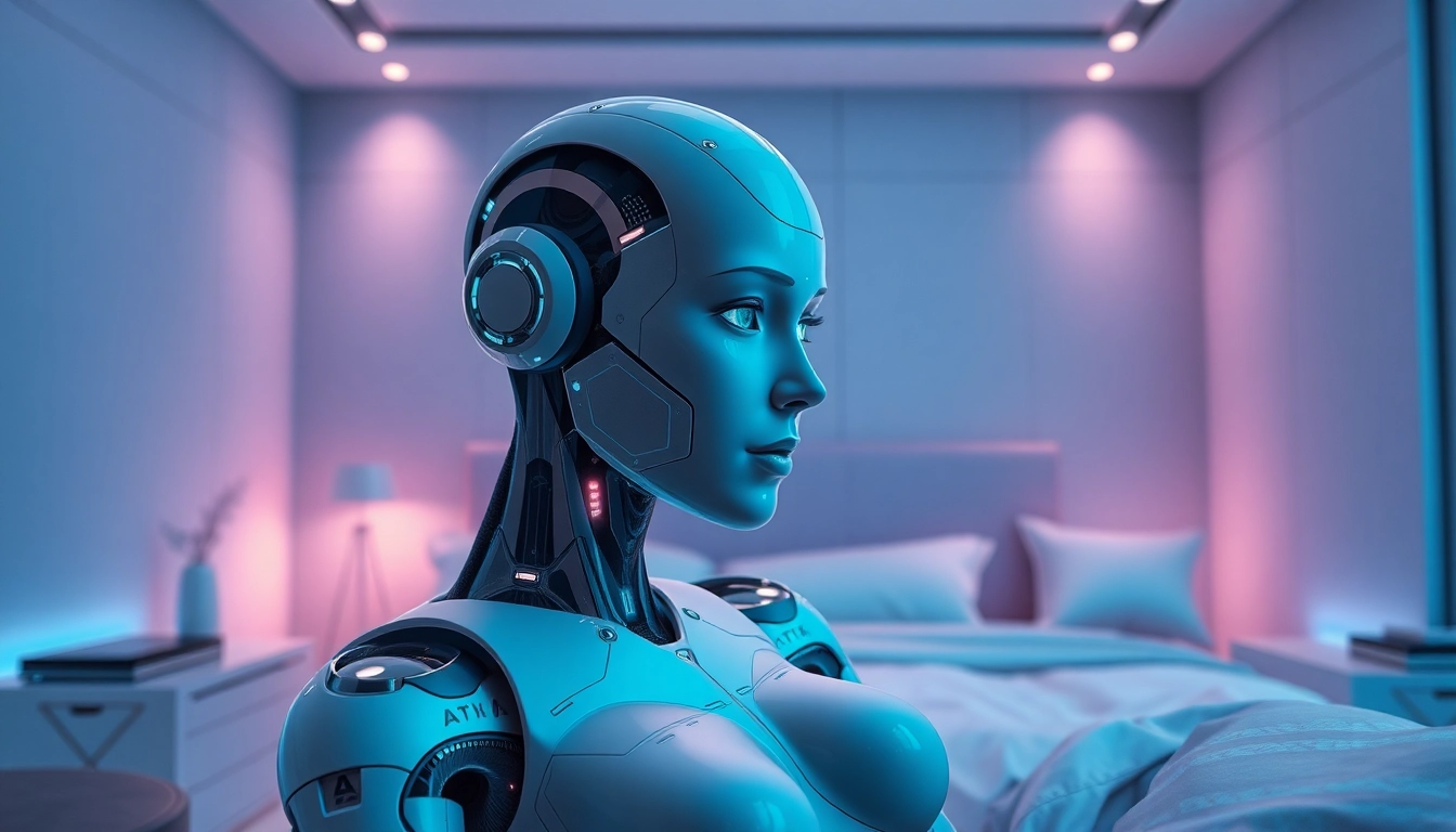 Futuristic sex bot in a modern bedroom showcasing lifelike features and AI interfaces.