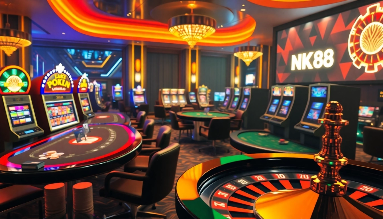 Bí kíp NK88 showcasing a dynamic online casino experience with vibrant gaming elements and players engaged.