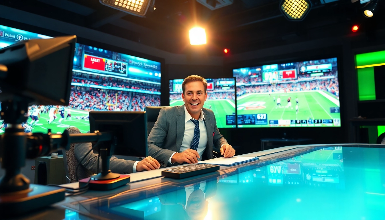 Engaging sports broadcasting setup with an announcer and dynamic game visuals.