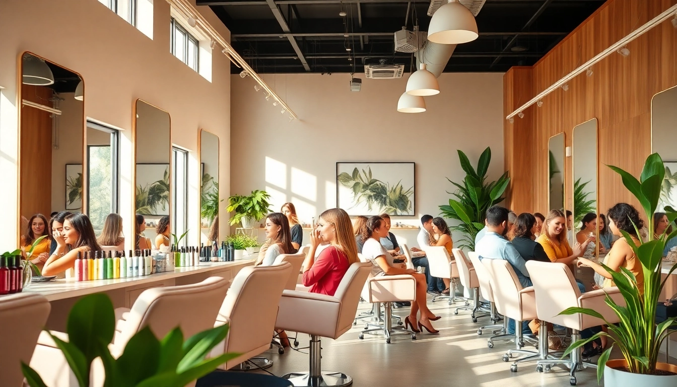 Experience the vibrant atmosphere at addendum salon, showcasing skilled stylists and happy clients in a modern setting.