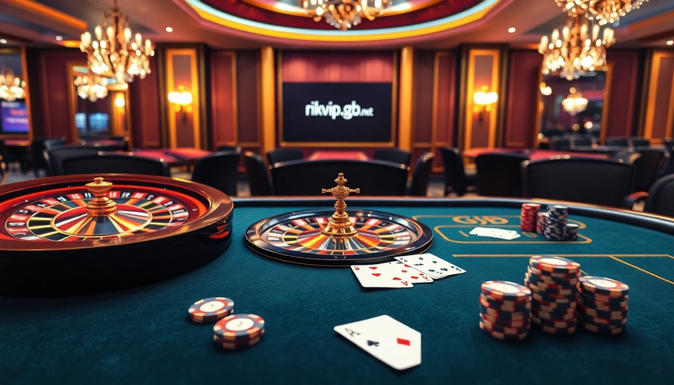 Engaging scene of a luxurious casino showcasing games like roulette and poker, promoting rikvip.gb.net.