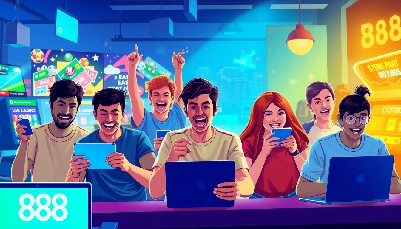 Vibrant scene showcasing the engaging online gaming experience at 888b.rodeo, featuring diverse gamers.