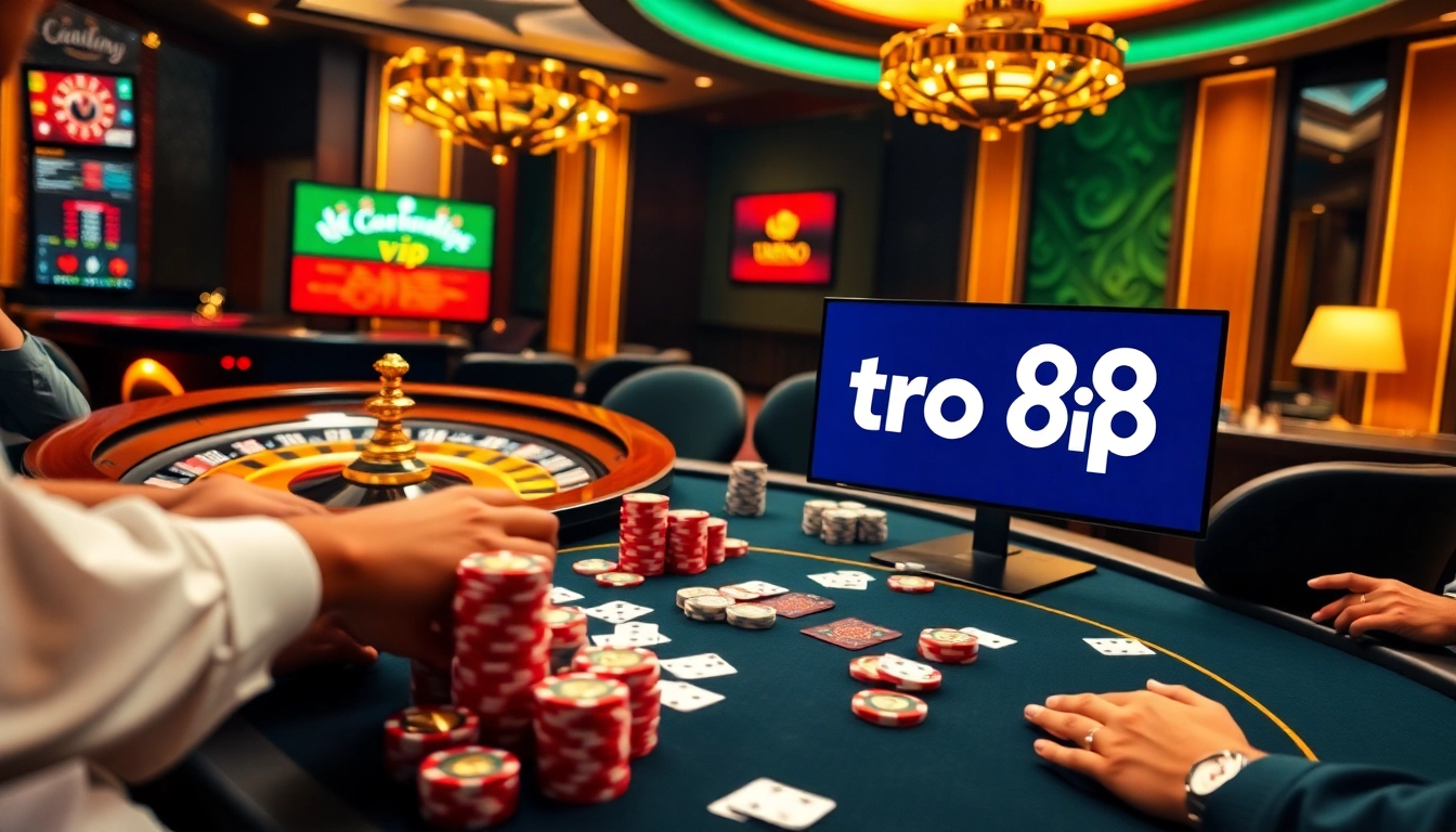 Players at a high-stakes poker table in a luxurious casino setting, linking to tr88 vip gaming.