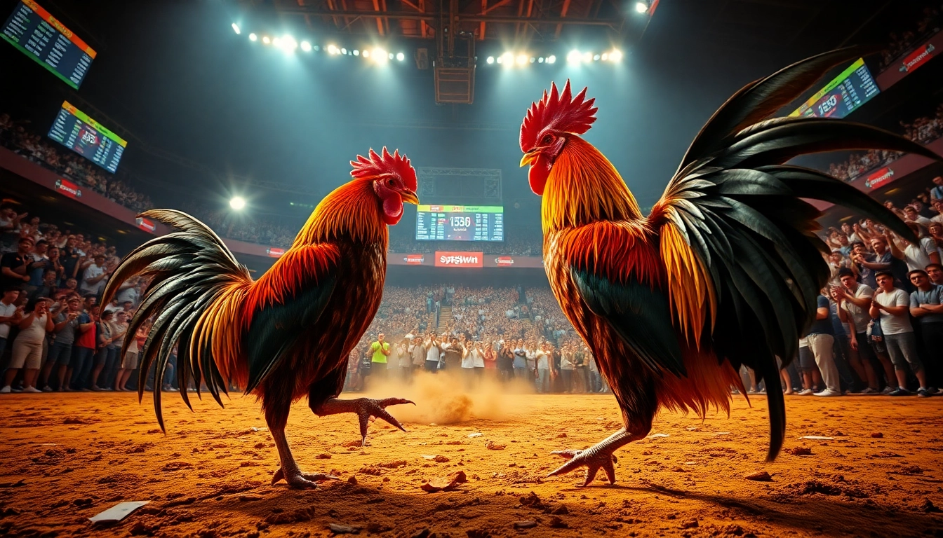 Engaging live cockfighting event showcasing sv368win.live betting atmosphere with vibrant roosters.