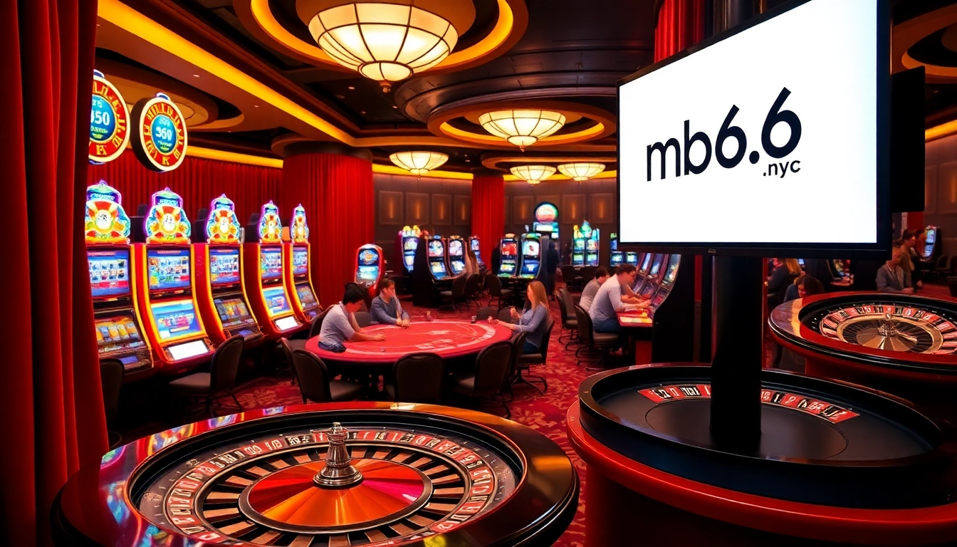 Experience thrilling gaming at mb66.nyc with poker tables and vibrant slot machines.