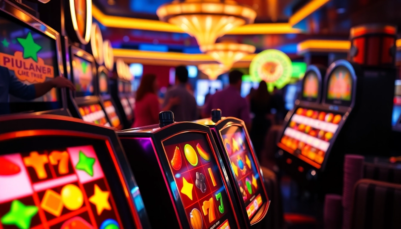 Rasakan kegembiraan Slot gacor dengan mesin slot yang berwarna-warni dan pemain yang bersorak.