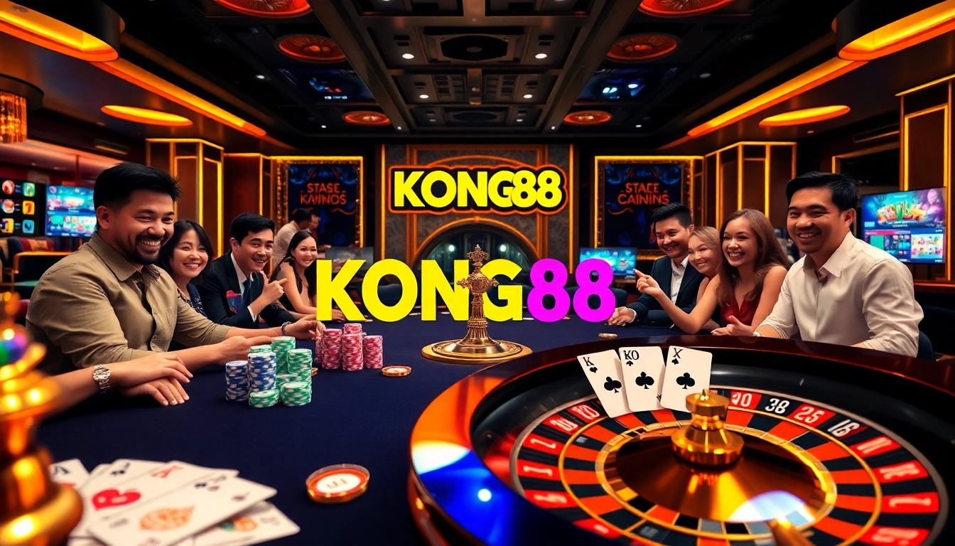 KONG88 players celebrate with poker chips and cards at a vibrant casino table.