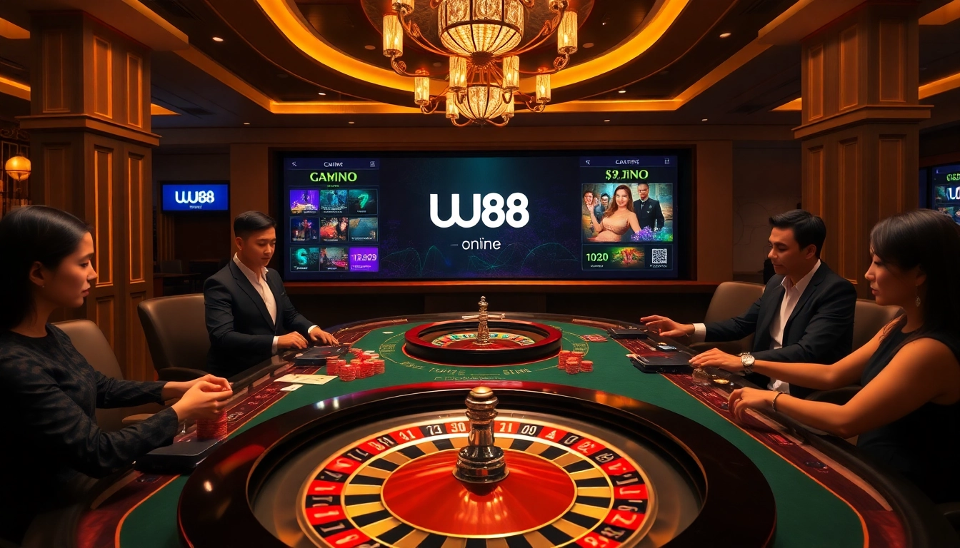 Experience the excitement of nhà cái UU88 casino with vibrant gambling elements like poker chips and roulette wheels.