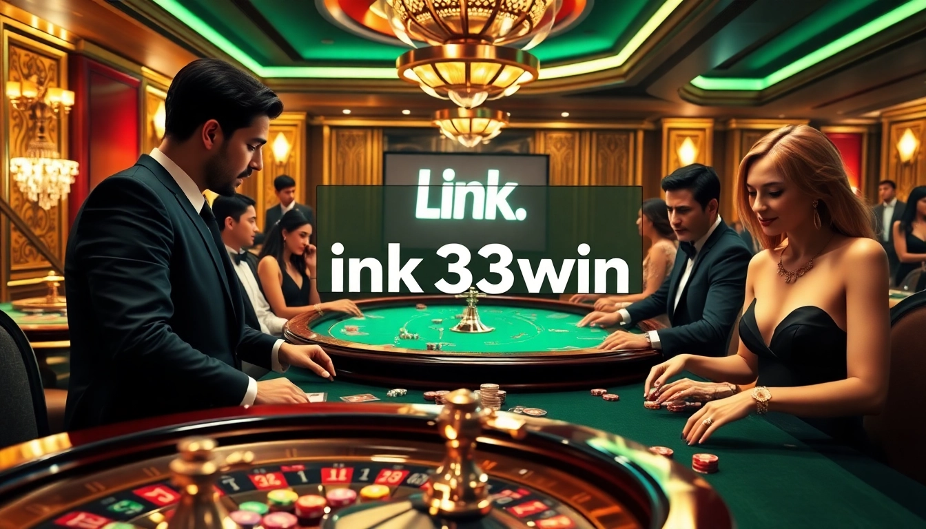Witness thrilling gameplay at Link 33win as players strategize with poker chips and cards in a luxurious casino.