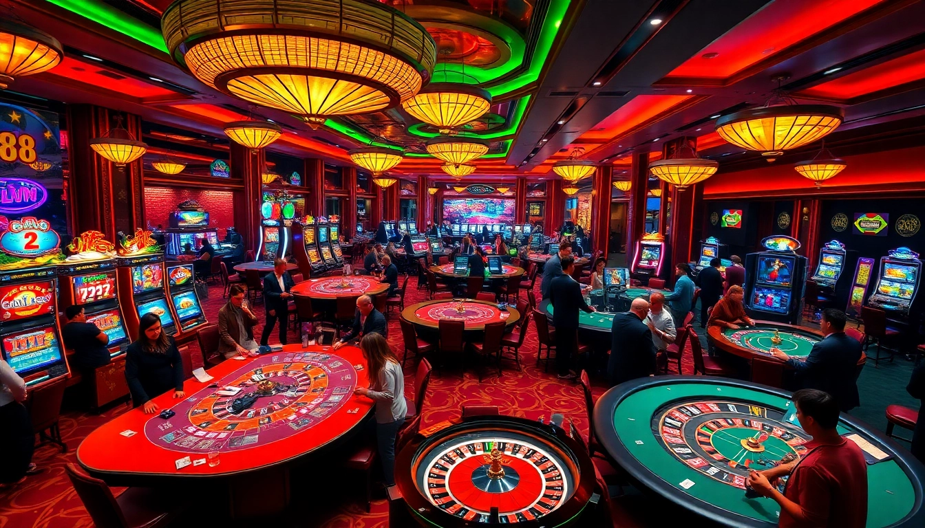 Exciting casino atmosphere featuring CM 88 themed slots and tables with enthusiastic players.