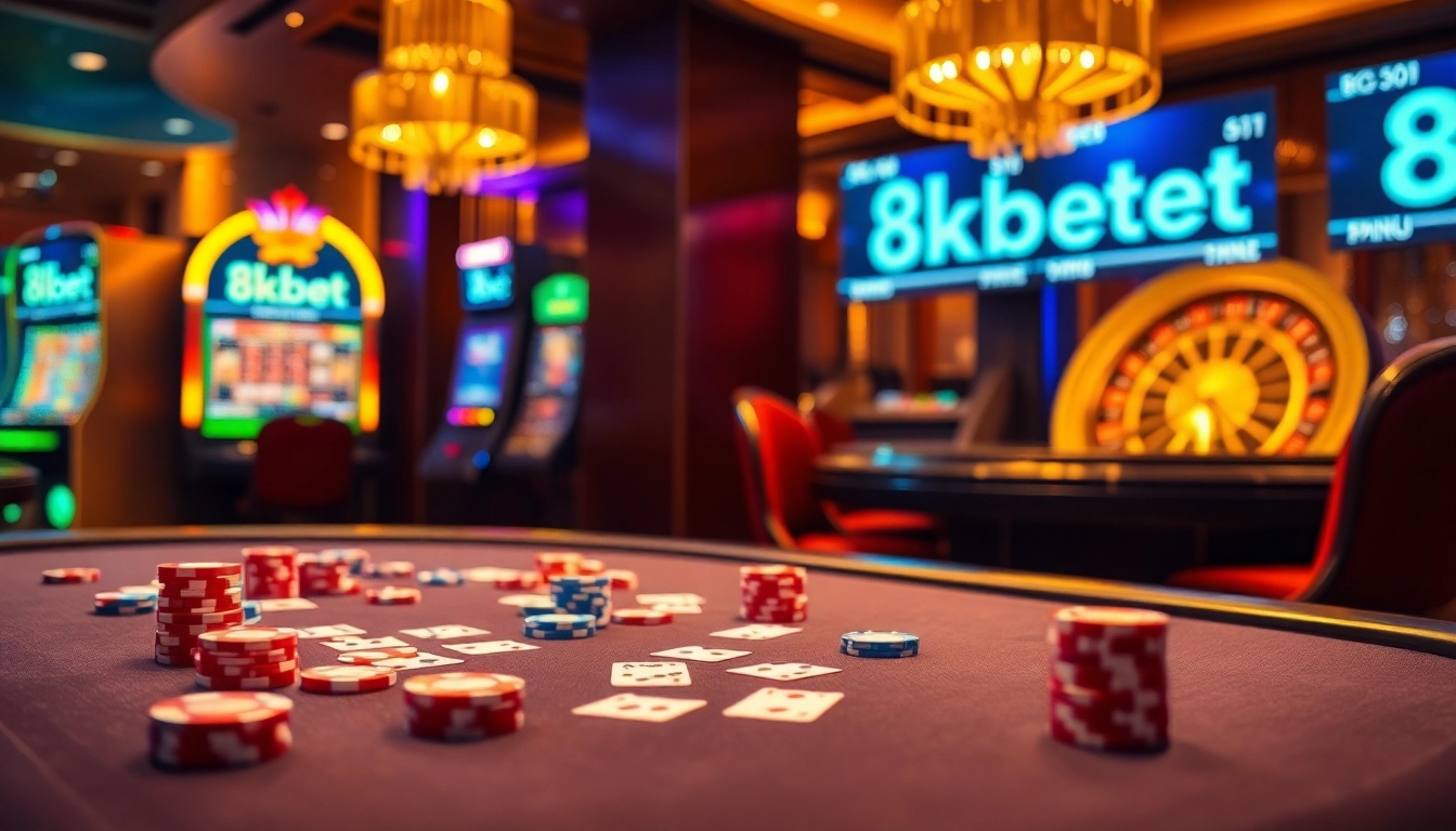 Experience thrilling gaming action with 8kbet đăng nhập at a luxurious casino table featuring cards and chips.