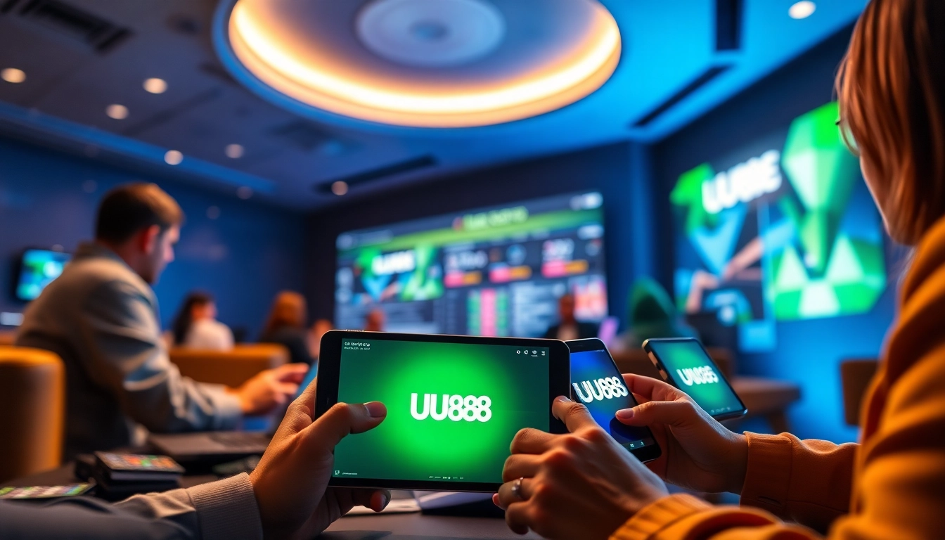 UU88 online betting platform interface showcased with engaging users and digital devices.