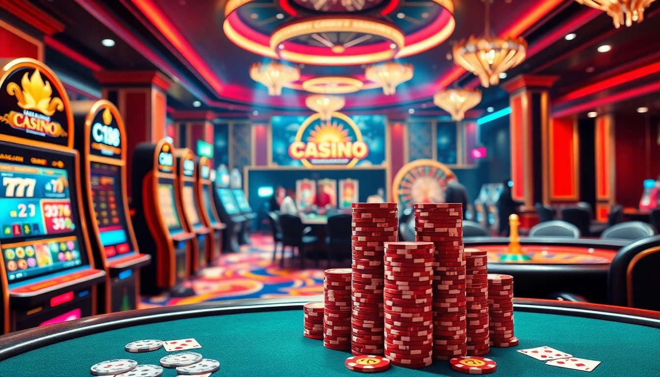 C168 branding on vibrant casino tables showcasing intense gambling action with poker chips and cards.