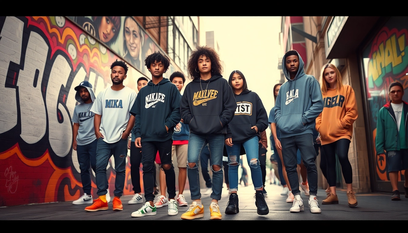 Stylish young adults in trendy streetwear clothes against urban art backgrounds.