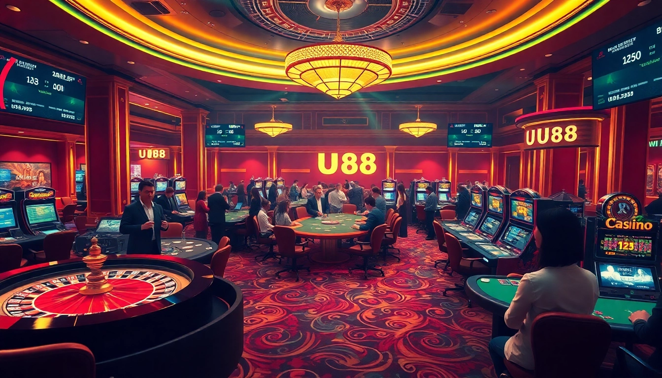 Experience the thrill of nhà cái UU88 with vibrant gambling visuals including poker games and slot machines.