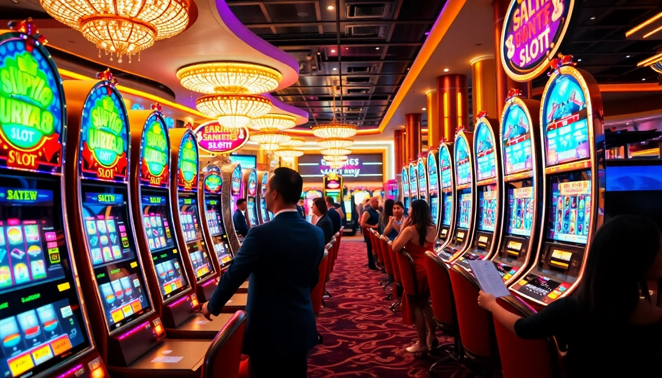 Pemain yang bersemangat menang di mesin slot surya88 dalam suasana kasino yang mewah.